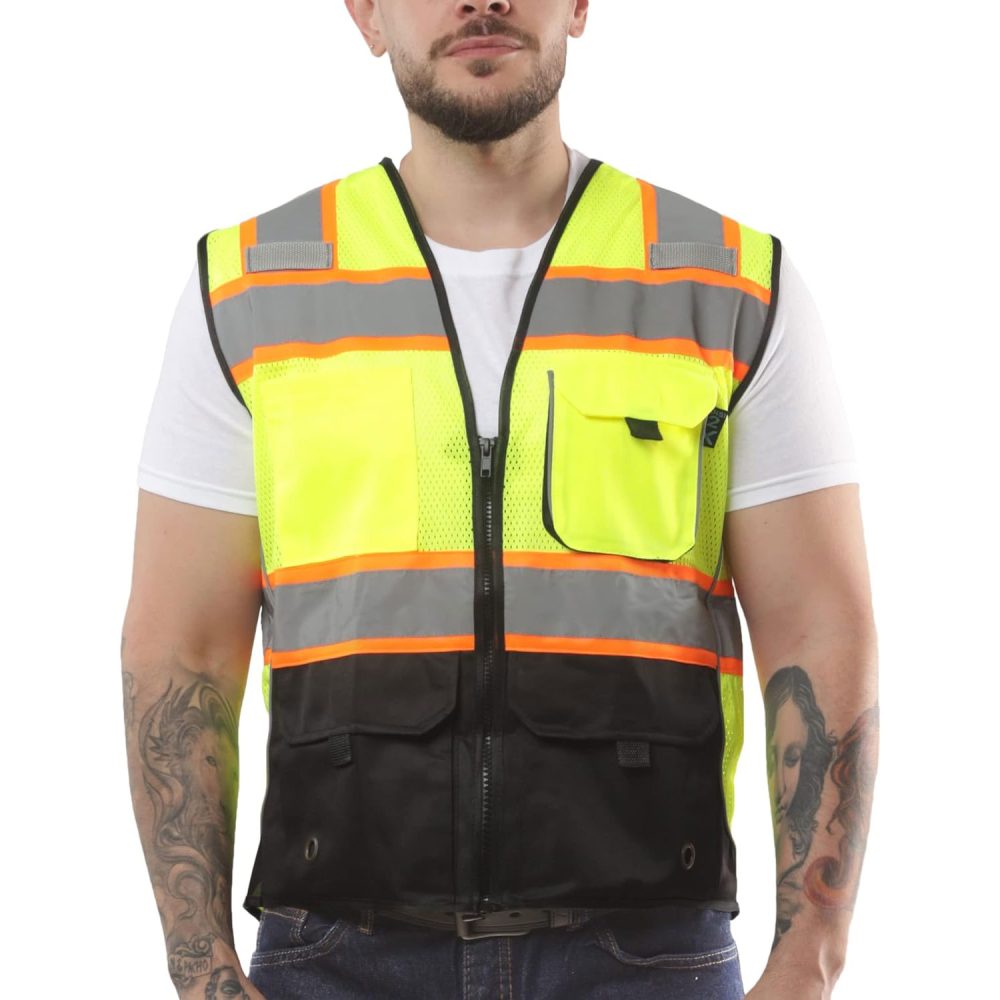 High Visibility Safety Vest Front Pockets Silver Orange Reflective Tape for Men