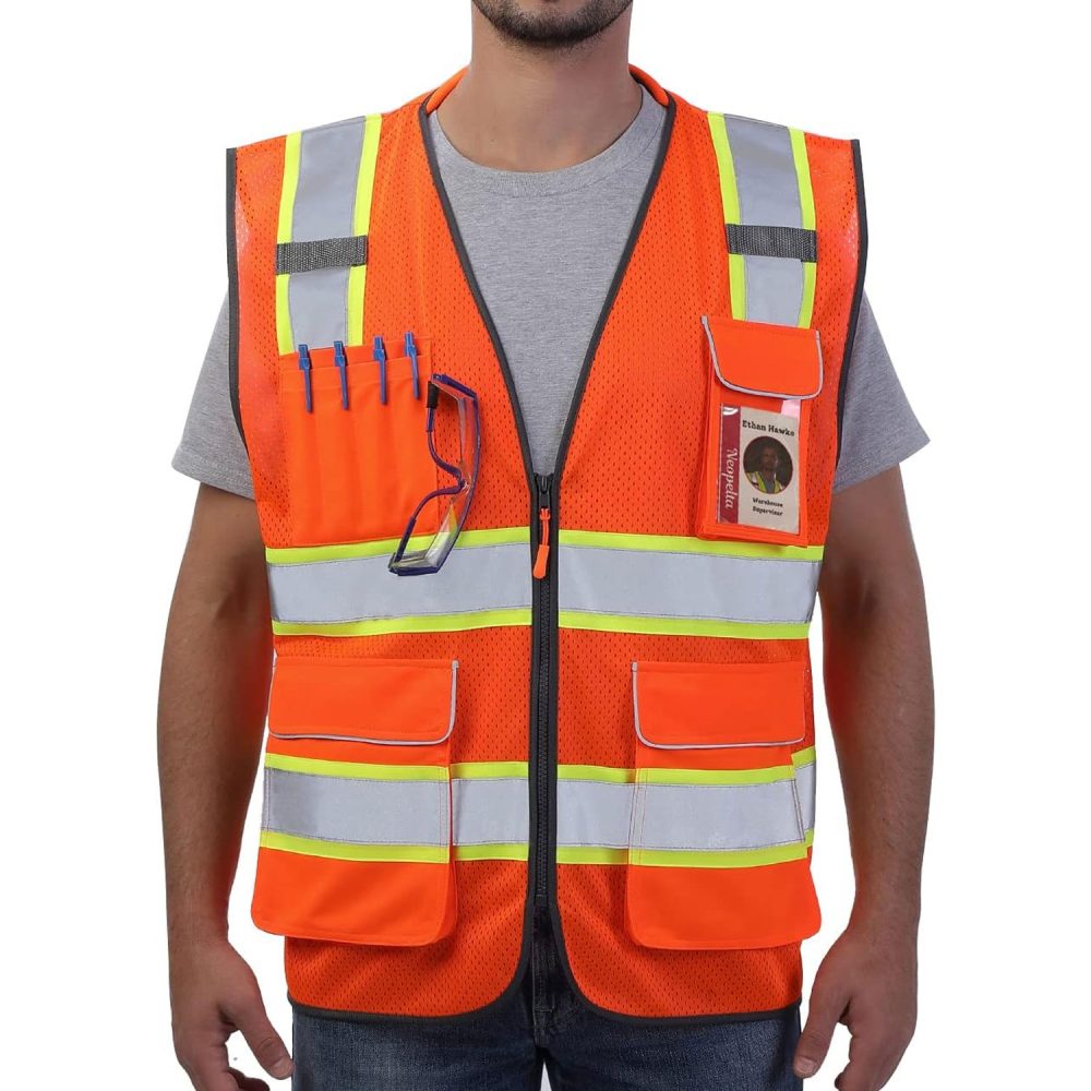 Reflective Safety Vest Orange Mesh, High Visibility Vest with Pockets and Zipper